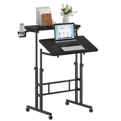 Sweetcrispy Small Standing Desk - Rolling Wheels Office Workstation with 23.6" Wide Space, Mug Clip Holder, Treadmill-Ready Fit, Adjustable Height for Walking Pad