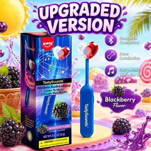 AMOS TastySounds Wireless Audio Lollipop – Blackberry Flavor, Bone Conduction Music Candy, Rechargeable Singing Lollipop, Listen Through Your Mouth Novelty Gift Pre-Sale