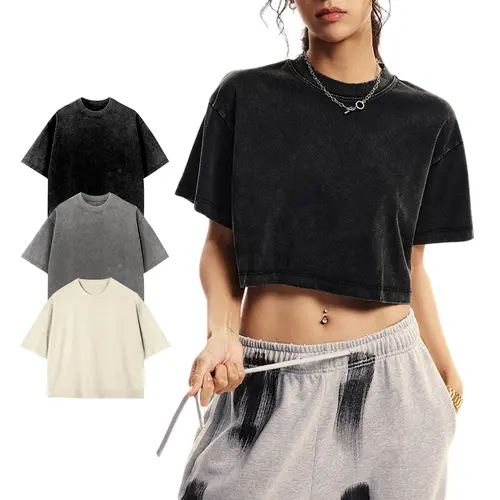 Arssm Cropped T Shirts for Women Vintage Acid Wash Tees Short Sleeve Cotton Crop Top Casual Streetwear