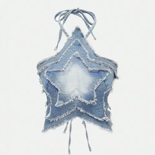 American Retro Aesthetic Gradient Denim Halter Top, Dara Halter Top, Slim-Fitting Design, Sweet Y2K Style, Womenswear
