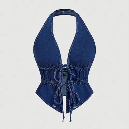 Unique Design Deep Blue Denim Loose Halter Top, Adjustable Drawstring Waist for a Chic Stylish Look, Perfect for Everyday Casual Wear, Trendy Women's Fashion, Womenswear