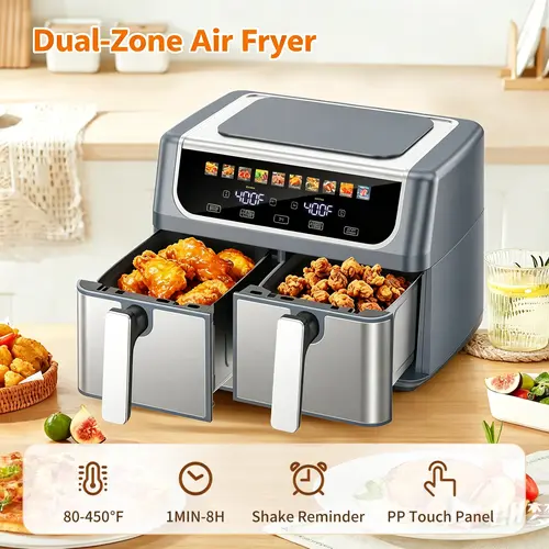 Sweetcrispy 9qt Capacity Dual Basket Digital Double Zone Air Fryer - 10-in-1 Smart Digital Cooker, 200°F-450°F Adjustable Temp, 2 Independent Nonstick Baskets with Easy View Windows, Sync Finish, Hi-Fry for Crunch, Healthy Food Prep Kitchen Appliance