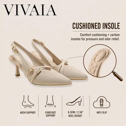 VIVAIA Arch Support PointEase Slingback Kitten Heels, Comfortable Pointed-Toe Stilettos Heels, Anti-Rub Blister-Free Dress Shoes, Elegant Professional to Evening Pumps(Adela) Footwear Women Girl Summer, Kitten Heels For Women,sohochic