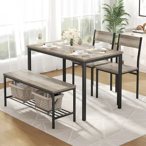 Sweetcrispy 4-Seat Compact Iron Wood Modern Dinner Table Set with Bench - Sturdy Indoor Furniture Set, Small Space Kitchen Table for Daily Meals, Laptop Workspace, Modern Dining Set