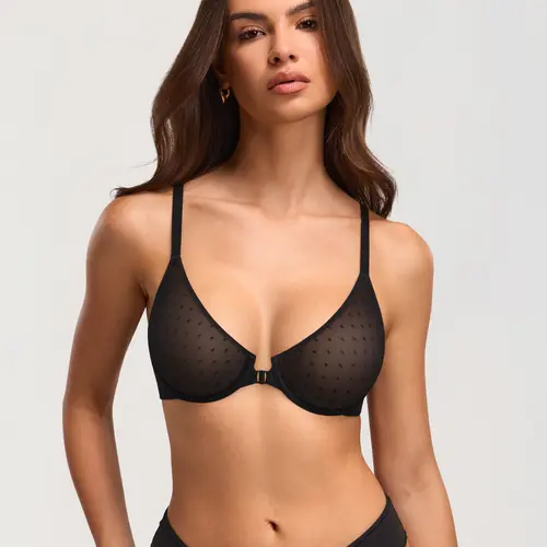 DOBREVA Women's Front Closure Plunge Unlined Bra Sheer Mesh Underwire No Padding Bras Plus Size Wireless Sculpt Bra Minimalist