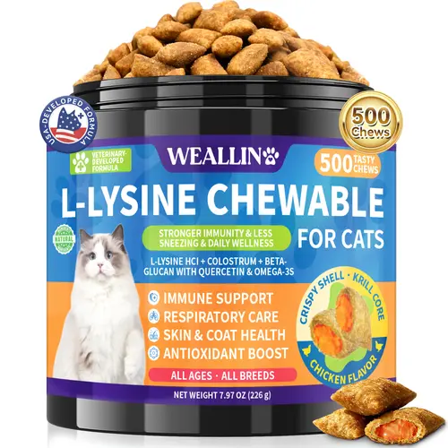 WEALLIN Crispy L-Lysine Cat Treat Chews - 500 Krill Core Crunchy Chews, Immune & Respiratory Support, Colostrum for Sneezing & Runny Nose, Chicken Flavor, Suitable for All Cat Ages & Breeds