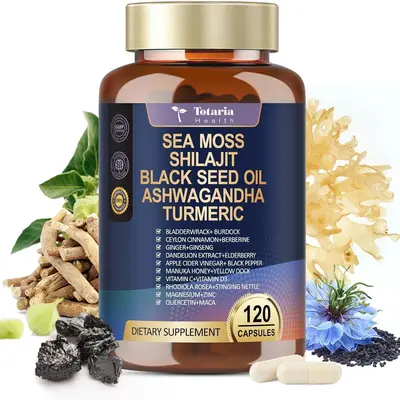 Totaria Health 25-in-1 Sea Moss Capsules with Black Seed Oil Ashwagandha Ginger Shilajit Supplement 18525mg for Immune Gut & Energy 120 Capsules