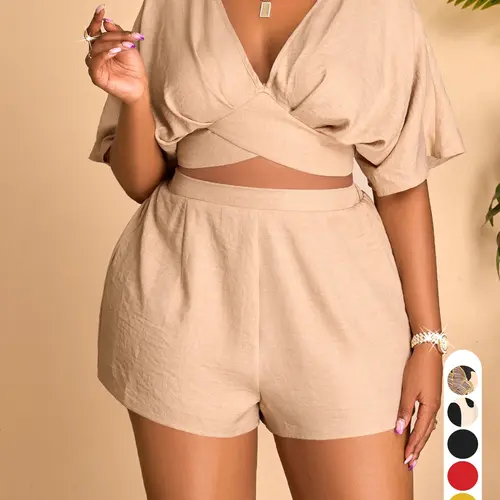 Plus Size Elegant Casual Chic Women's Two-Piece Set, Deep V-Neck Short Sleeve Top and High-Waisted Shorts for Spring & Summer, Womenswear, Clothes, Summer Matching Sets