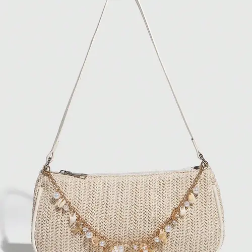 Fashion Women’s Straw Bag, Summer Beach Vacation Y2K Hot Girl Shoulder Small Bag with Conch Decoration, Casual Trendy Bag, Fashionable Straw Boho Bag, Bohemian Straw Bag