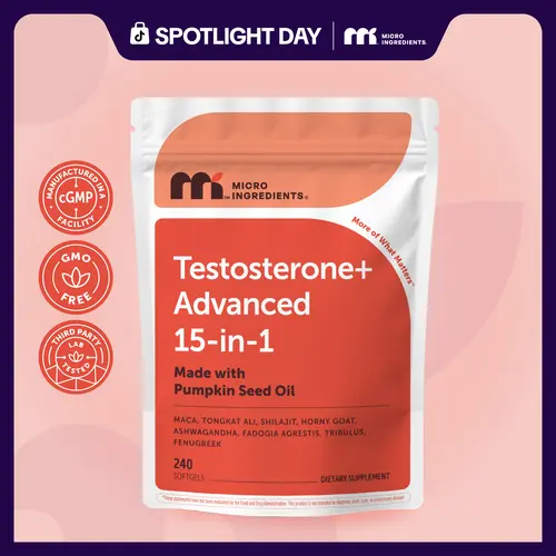 Micro Ingredients Testosterone+ Advanced for Men & Women, 240 Softgels | 15-in-1 Complex with Tongkat Ali, Horny Goat Weed, Shilajit, Maca & Saw Palmetto | Non-GMO