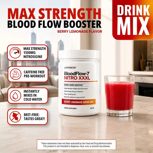 Juvenon BloodFlow-7 Nitro XXXL Mental Performance Powdered Supplement Drink Mix - 1500mg Nitrosigine & Trans-Resveratrol, Beet-Free Blood Flow Control & Brain Health Support - Berry Lemonade, Instant Mix, 30 Servings for Memory & Focus, Memory And Focus
