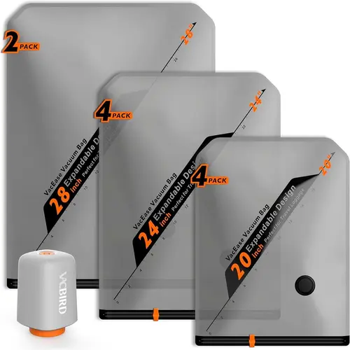 VACBIRD Upgrade Turbo X8 Vacuum Seal Bags with Rechargeable Wireless Pump - 20-Pack Portable Space Saver Bags, Hands-Free Compression, Transparent Front Panel for Home & Travel Clothes, Blankets