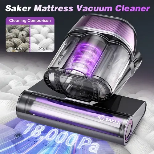 Saker Mattress Vacuum Cleaner, 18KPa Bed Vacuum with UV-C Light & 140°F Heat, Handheld Deep Cleaner for Dust Mites, Pet Hair, Couch, Sofa