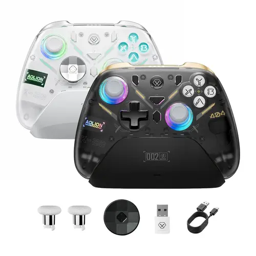 AOLION K20 Wireless Game Controller (Not for Xbox/PS) - Anti-Drift Hall Effect Gamepad with Charging Dock, RGB Lighting, Swappable D-Pad, Cable Included, Compatible with Switch, PC, iPad, Smartphone - Accessories for Gamers