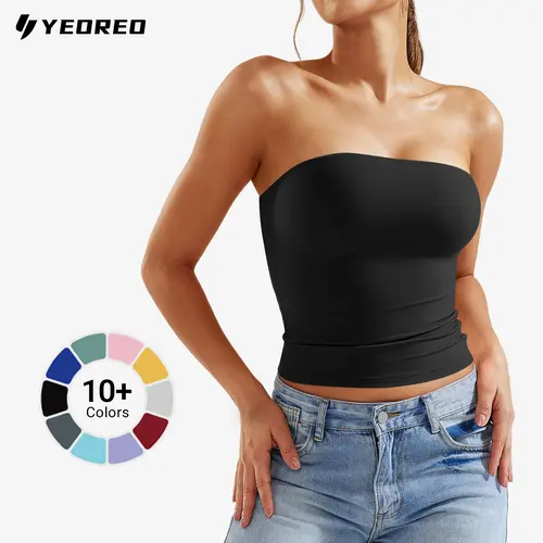 YEOREO Double Lined Seamed Long Tube Top & Short Bra Sexy Y2K Sophie Strapless Fitted Bandeau Women Summer Going Out Cute Basic Crop Top summervibes Sleeveless Minimalist Halter Tank Tops Halter Neck summerwins,travel essentials,