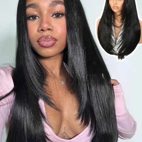 Women's Yaki Straight Layered U Part Wig, Glueless Clip-In Half Wig, Convenient Wigs, Realistic Natural Look, Heat-Resistant Synthetic Hair, Synthetic Material Wigs