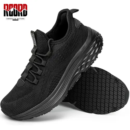 R CORD Slip-Resistant Work Sneakers for Women, Oil-Proof & Non-Slip Chef Shoes for Kitchen Restaurant, Breathable Arch Support Nurse Footwear, Lightweight Comfort Black