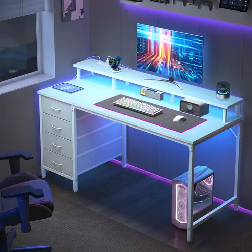 Sweetcrispy Compact Ergonomic Gaming Desk - Modern Wood-Metal Build, Monitor Riser, Power Outlets, LED Lighting, High-Tech Stationary Armoire, 4-Drawers, Easy Setup, Work From Home Workspace Upgrade, Work and Play Furniture for Bedroom & Small Home Office