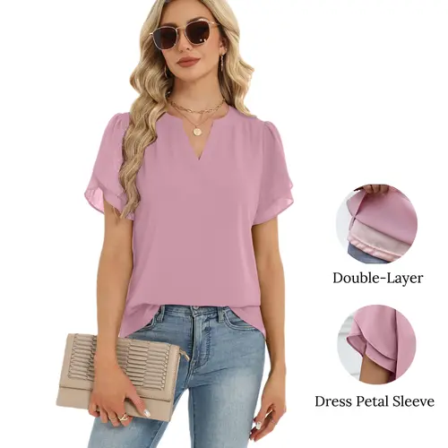 Women's Chic Chiffon Blouse, Feminine Petal Short Sleeve V-Neck Top, Lightweight Double-Layer for Work & Casual Day Wear
