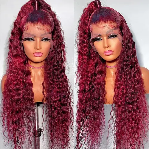 Bling Hair 99J Burgundy Deep Wave/Kinky Curly Wigs Human Hair Lace Frontal Wig 13x6 13x4 Hd Transparent Lace Front Human Hair Wigs For Women Pre Plucked Red Curly Hair SoHoChic Style #TikTokShopBackToSchool
