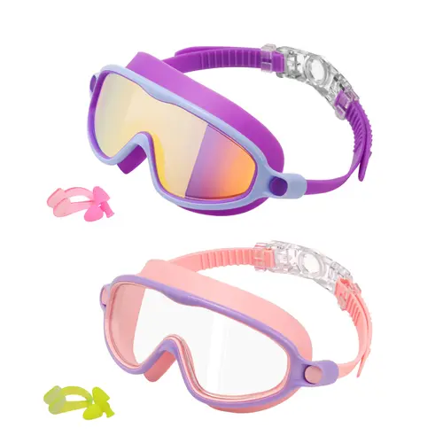 SwimWear 2 Pack Swim Goggles for Kids Ages 3-15 Anti-Fog Anti-UV Wide Vision Waterproof No Leak Swimming Goggles with Nose Clip for Boys and Girls Outdoor Activities