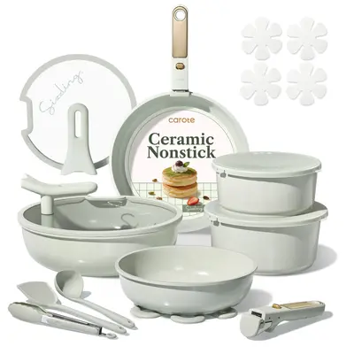 [Official] CAROTE Macaron Color 20Pcs Ceramic Cookware Set Stand-Up Lid with Detachable Handle Set, Non Stick Pots and Pans Set Non Toxic, PFAS Free, Frying, Kitchen Supplies, Nonstick, Cooking Set