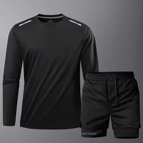 Men’s Quick-Dry Sports Set – Moisture-wicking, breathable, suitable for gym, running, swimming – Four-season outdoor sportswear, crew neck, striped design, suitable for adults, ideal athletic wear.