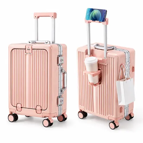 Aluminum Frame Luggage Set, 20" Carry-On & 24" Checked Hard Shell Suitcases with TSA Lock, Front Opening Pocket, Cup Holder, Phone Holder, 360° Spinner Wheels, Laptop Compartment for Business Travel