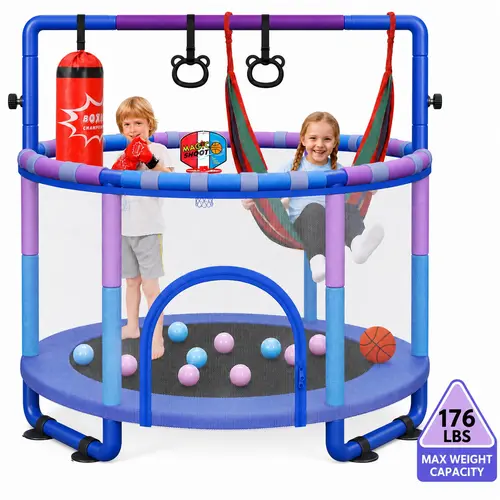 #sohochic Dripex 55" Unisex Kids Trampoline with Enclosure - 6-in-1 Indoor-Outdoor Toddler Trampoline, Anti-Rust Tube, Adjustable Gymnastics Bars, Rings, Swinging Feature, Punching Bag for Siblings