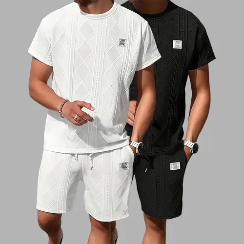 Men's 2-Piece Classic Matching Jacquard Fabric Crewneck (Round Neck) Fitted Cut Short-Sleeve T-Shirt & Shorts Set, Breathable Summer Casual Sportswear, Black+White (1 Set),sohochic