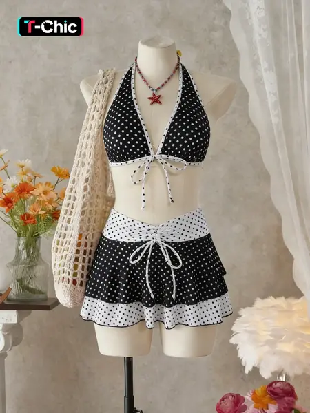 New Polka Dot Print Sexy Bikini, Colorblock Halter Neck Design, Summer Beachwear 3 Piece Set with Shorts and Thong