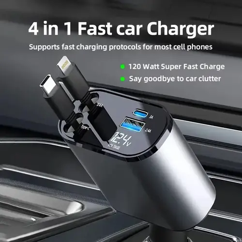 【Summer Survivals】Joytutus 120W Max Charger Retractable 4-in-1 Car Charging Cable & 4-Port Adapter for iPhone Galaxy Pixel Safe Reliable Car Plug Carcharger with Dual Type-C Cables and Ultra-Fast Charging for Laptops Usb Car Connector,car accessories,tool