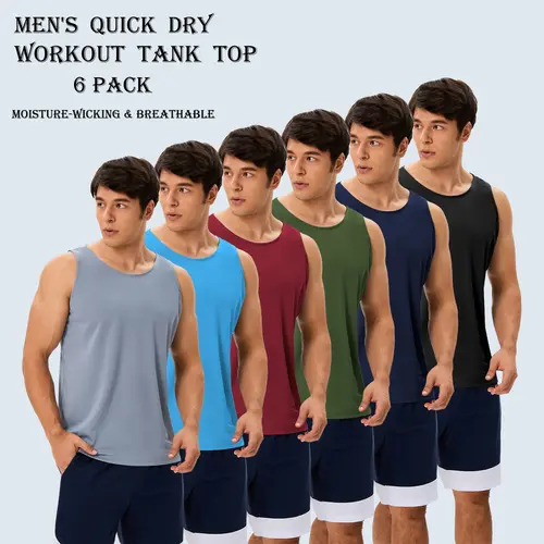 6 Pack Men’s Quick Dry Workout Tank Tops Gym Muscle Tee Fitness Bodybuilding Sleeveless T Shirt Moisture-Wicking Tank Top For men Muscle Tank Workout Gym Top Running Gym Beach Solid Colors summerwins