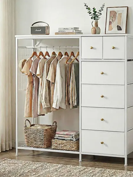 Dresser With Hanging Rack，Closet Organizer,With Hanging Rack With LED Lights & Charging Station,Wooden Top, for Home Living Room