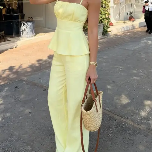 Solid Color Casual Simple Ruffled Spaghetti Strap Cami Top & Wide-Leg Pants Two-Piece Set, High-Waisted Sleeveless Fitted H-Line Lightweight Lady Womenswear