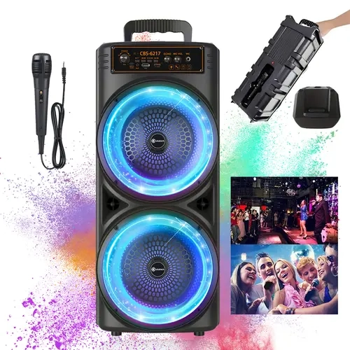 Portable Outdoor Bluetooth Speaker Dual speakers, party-themed RGB lights, FM radio, Type-C charging, TWS pairing, TF card slot Ideal for outdoor adventures, home parties, stage lighting effects, discos, rechargeable speaker Audio btspeaker, Stereo, Wirel