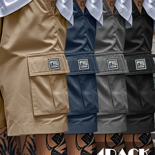 Men’s 4-Pack Cargo Shorts — Multi-Pocket Design, Loose Fit, Non-Elastic, Solid Color Work Shorts — Casual, Relaxed Fit, Suitable for Summer Outfits