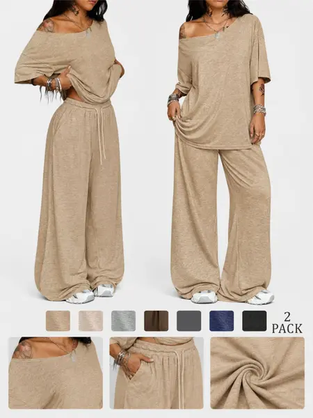 Women's Casual Solid Color Sport Two-Piece Set, Loose Long Pants & Wide Leg Slant Neck Pant Suit, Spring & Fall Fashion, Athleisure Outfit, Casual Activewear Set, Casual Sportswear Set, Athleisure Workout Set, Activewear Fitness Outfit