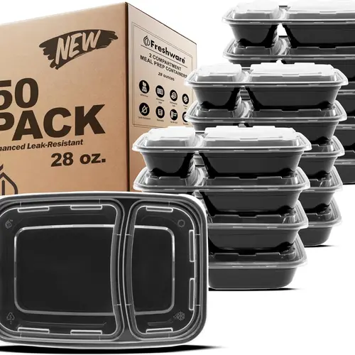 FRESHWARE 50-Pack 28oz Reusable 2-Compartment BPA-Free Sturdy Heavy-Duty Plastic Food Containers with Lids - Stackable, Reheatable, Microwave/Dishwasher/Freezer-Safe, Bending-Resistant, Food-Grade Storage for Meal Prep, Healthy Meals, School Lunches
