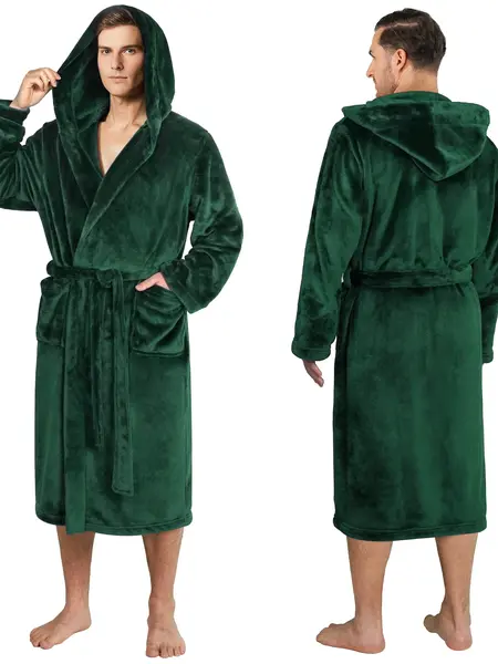 PAVILIA Mens Soft Robe with Hood, Bathrobe for Men, Lightweight Fleece Male Hooded Robe Long Bath Shower Spa