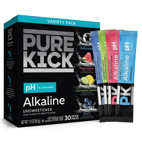 Pure Kick Alkaline Hydration Beverage Mix Packets, 30ct Variety - Ultra-Light Flavor Hint, Unsweetened, 0 Sugar, Caffeine-Free - Lemon & Berry Options to Raise Water pH