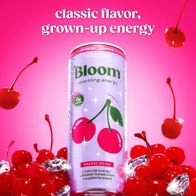 Shirley Temple - Bloom Sparkling Energy Drink - Natural Caffeine, Zero Sugar, 180mg Caffeine - Antioxidant-Rich with Green Coffee Bean, Green Tea Extract, Prebiotics, 12oz 12 Pack