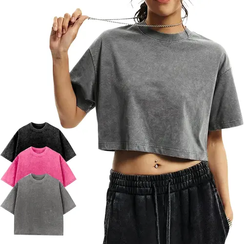 Yimoon Cropped T Shirts for Women Short Sleeve Acid Wash Cotton Tops Vintage Oversized Casual Basic Tee Shirts Lightweight