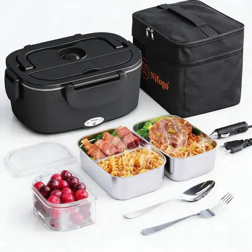 Nifogo Electric Lunch Box 100W 1.8L Stainless Steel Food Heater Portable with Tableware & Lunch Bag for Car Home Office Travel BPA Free Non Battery Powered, Lunch Container Set, Meal Prep Lunch Box