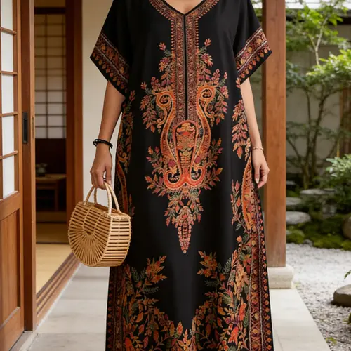 Women's Middle Eastern Robe, Casual Everyday V Neck Beach Vacation Bohemian Home Daily Wear Dress, Loose-Fitting Ethnic Floral Pattern, Boho Style Clothes, Womenswear