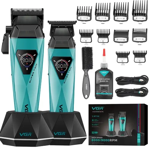 VGR877S2 2-in-1 Professional Men's Hair Clippers & Trimmer Set, Rechargeable Cordless Tool with 9000RPM DLC-Ceramic Blade, LED Display, Charging Base, Storage, Cleansing Brush, Batteries, Hair Styling Barber Equipment