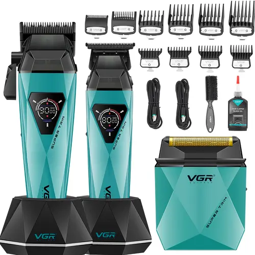 VGR 877S3 Professional Barber Clippers and Trimmer Set Cordless Hair Clippers for Men with Foil Shaver Mens Hair Cutting Kit with LED Display Charging Base Barber Kit for Men Grooming tiktokshopbacktoschool