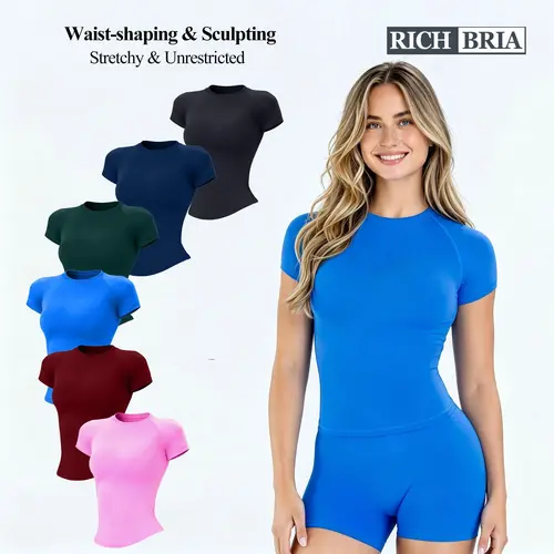 RICH BRIA Impact Short Sleeve Top Workout T Shirt for Women, Fitness Gym Tank Top Matching Seamless Round Neck Casual Tee Tops, Breathable Comfortable Yoga Clothes, Active Outfit