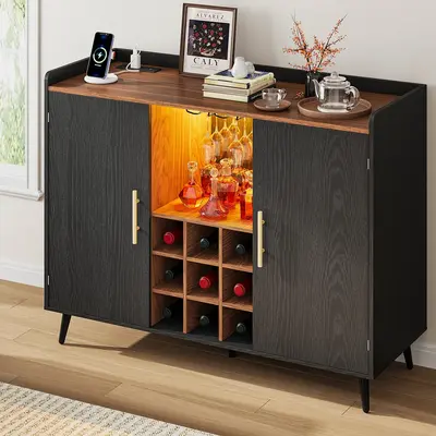 IRONCK Walnut Wood Freestanding Illuminated Wine Cabinet - 47.2"W×17.7"D×36.2"H, 9-Grid Rack, Adjustable Shelves, LED Lighting, Glass Holder, Clean Lines, 1 Open Shelf, 150-Pound Load Capacity, Glass Display Cabinet for Kitchen, Living Room