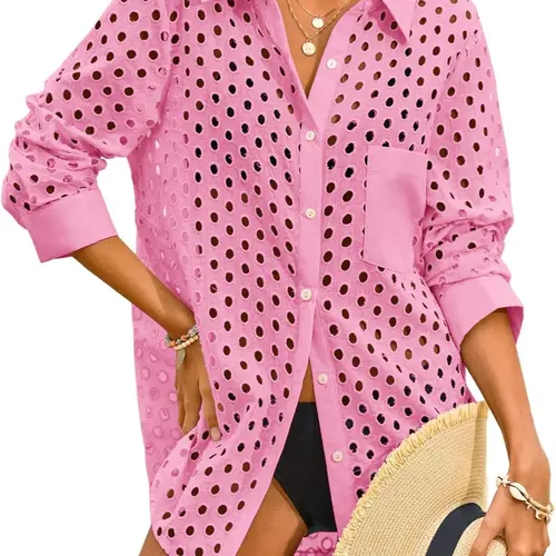 FISOEW Women's Sporty Chic Button Down Shirt Swim Cover Ups - 2026 Spring-Summer Hollow-Out Adds Airy Coverage Modest Standard Sizes (White, Green)